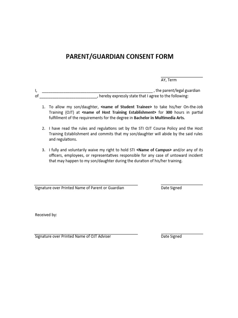 Parent Consent Form for OJT Training | PDF | Career & Growth