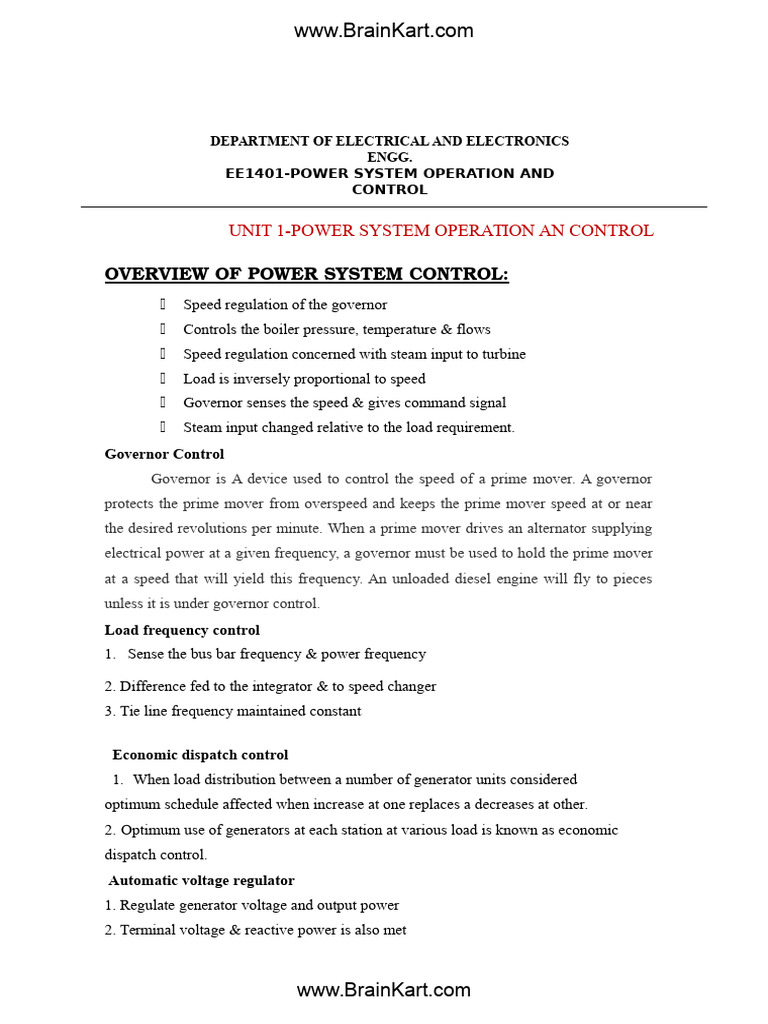 197 - EE8702, EE6603 Power System Operation and Control - Notes | PDF ...