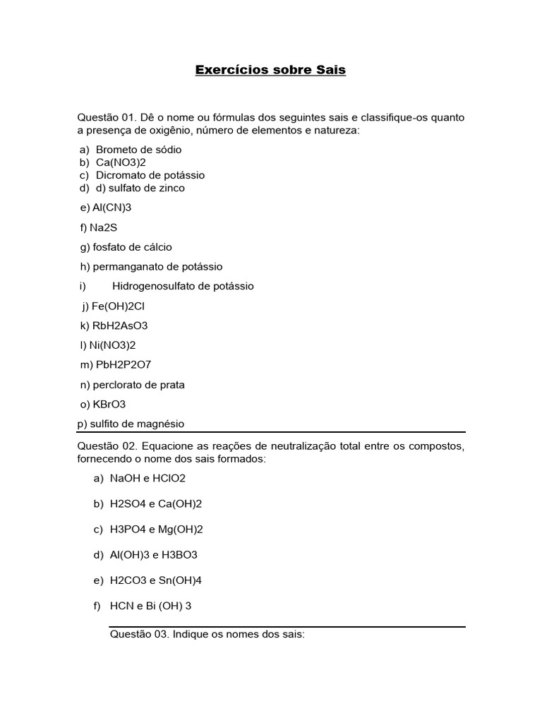 Exercícios de Nomenclatura de Sais | PDF | Métodos e Materiais de ...