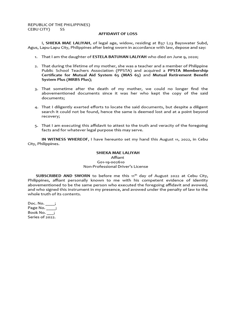 Affidavit of Loss for PPSTA Documents | PDF