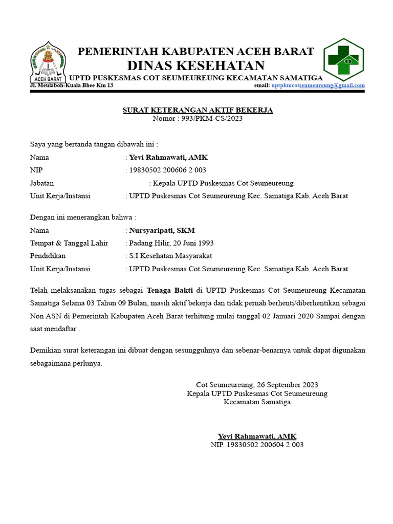 Surat Keterangan Aktif Dan Pengalaman Kerja Untuk P3K 2023 Puskesmas