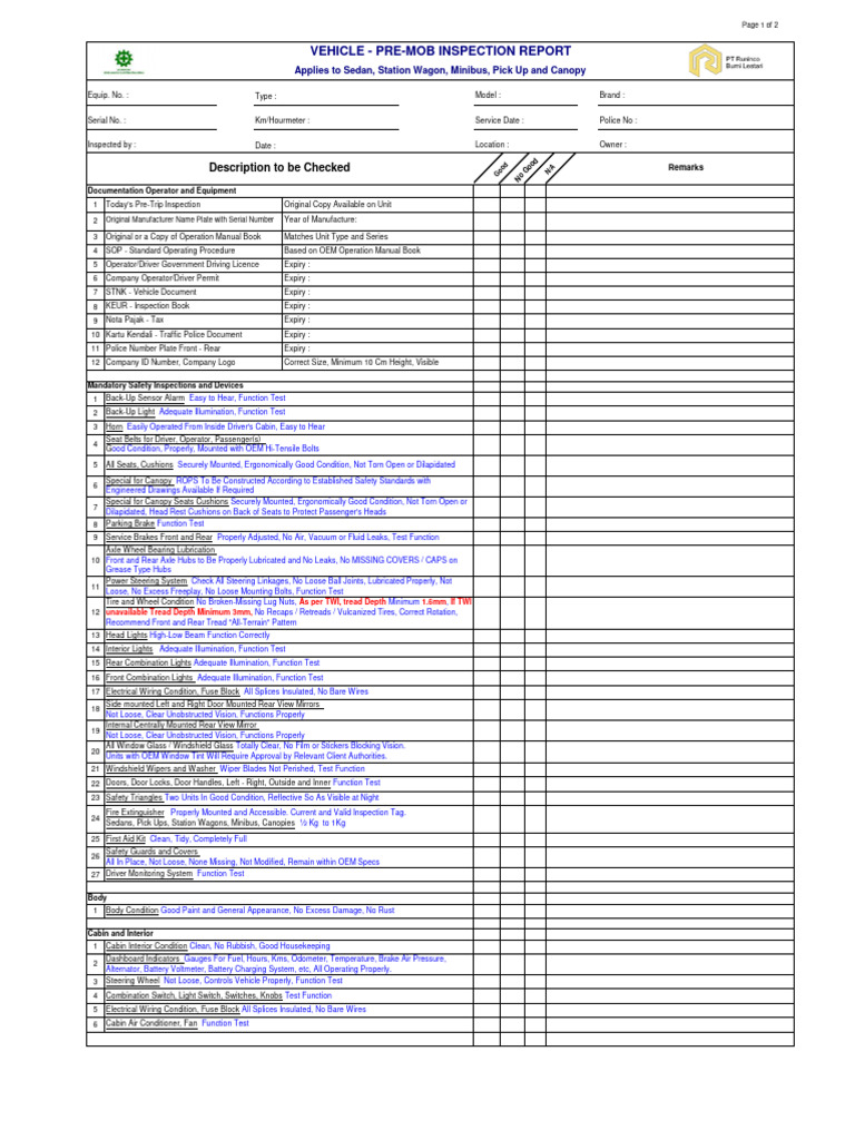 Vehicle Pre-Mob Inspection Checklist | PDF | Truck | Belt (Mechanical)