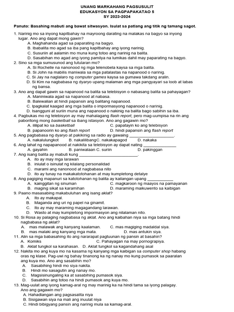 Esp 5 - Q1 - Exam | PDF