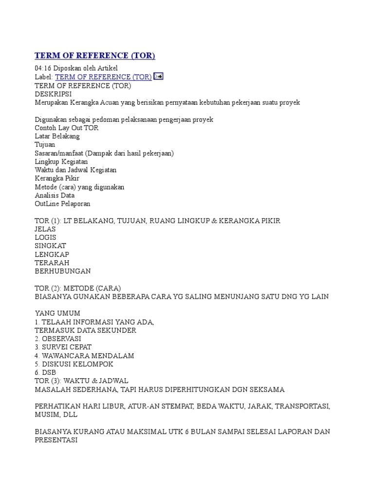 Kerangka Acuan Proyek: TOR Lengkap | PDF | Komputer