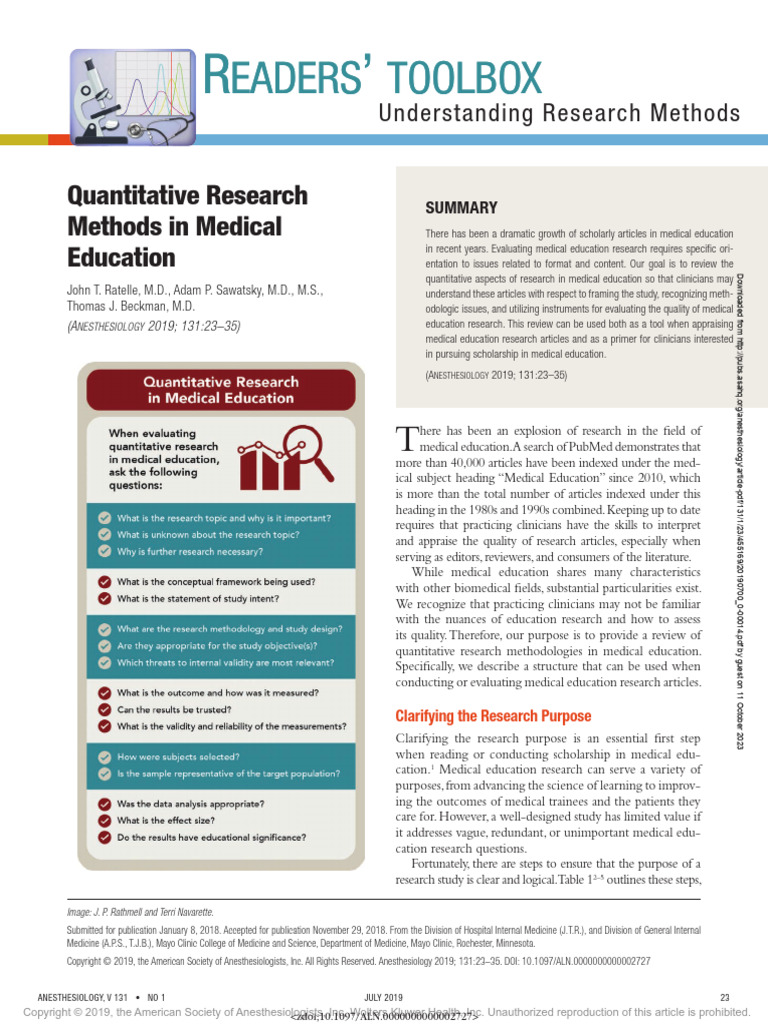Quantitative Research Methods in Medical Education | PDF
