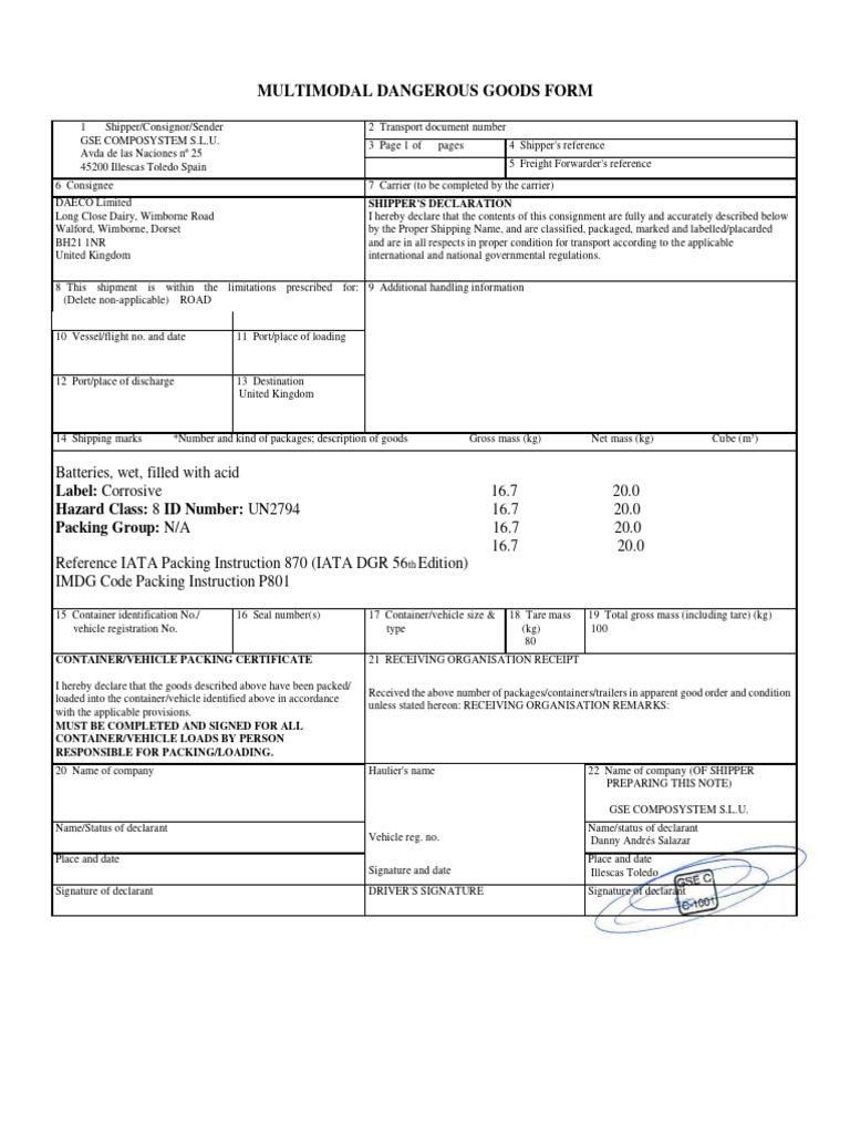 Gse Multimodal Dangerous Goods Form | PDF | Dangerous Goods | Cargo