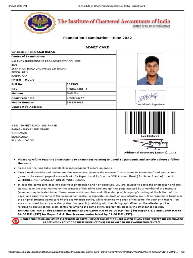 The Institute of Chartered Accountants of India Foundation Admit Card
