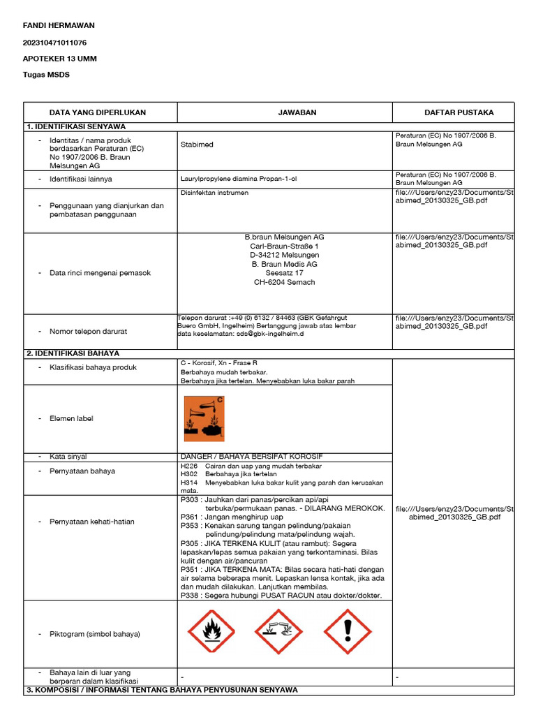 MSDS Stabimed: Identifikasi & Bahaya | PDF