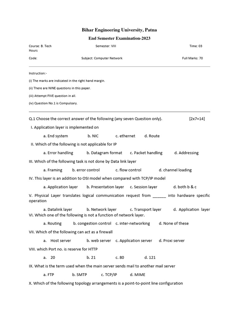Bihar B.Tech Computer Network Exam 2023 | PDF | Computers