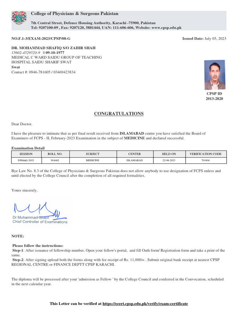 FCPS-II Exam Success Notification 2023 | PDF