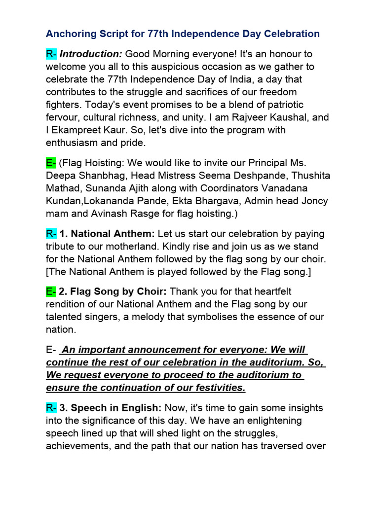Anchoring Script For 77th Independence Day Celebration | PDF