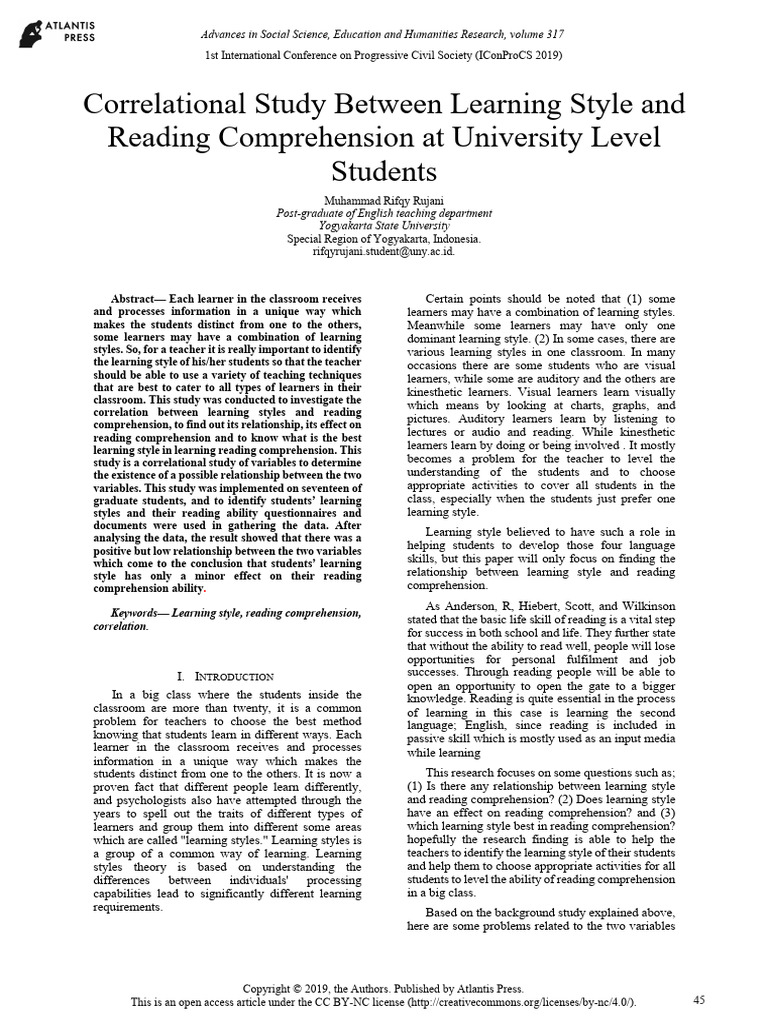 Correlational Study Between Learning Style and Reading Comprehension at ...