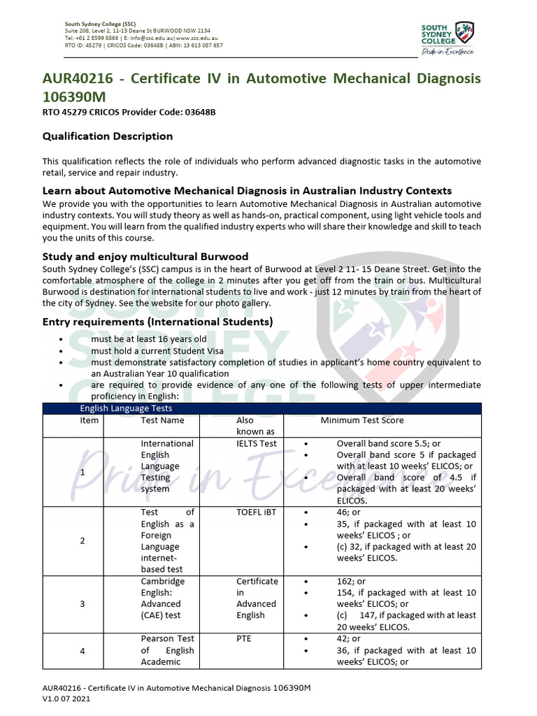 Course Flyer AUR40216 Certificate IV in Automotive Mechanical