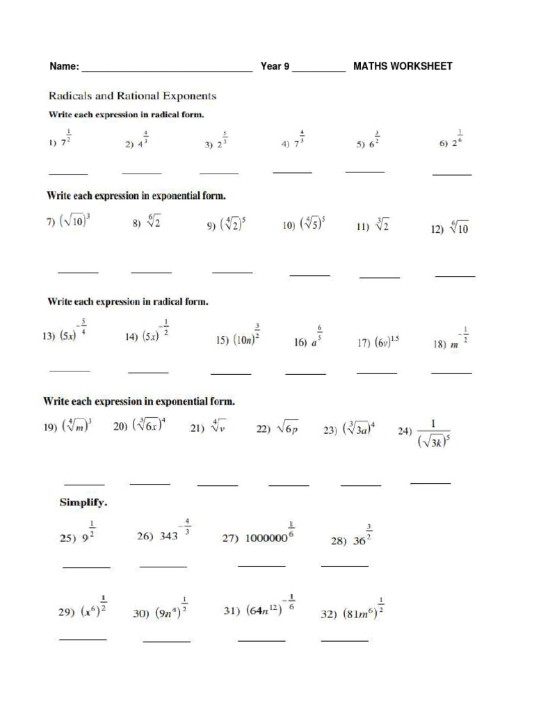 Radicals and Rational Exponents Worksheet 1 PDF Radicals and Rational Exponents Worksheet 1 PDF