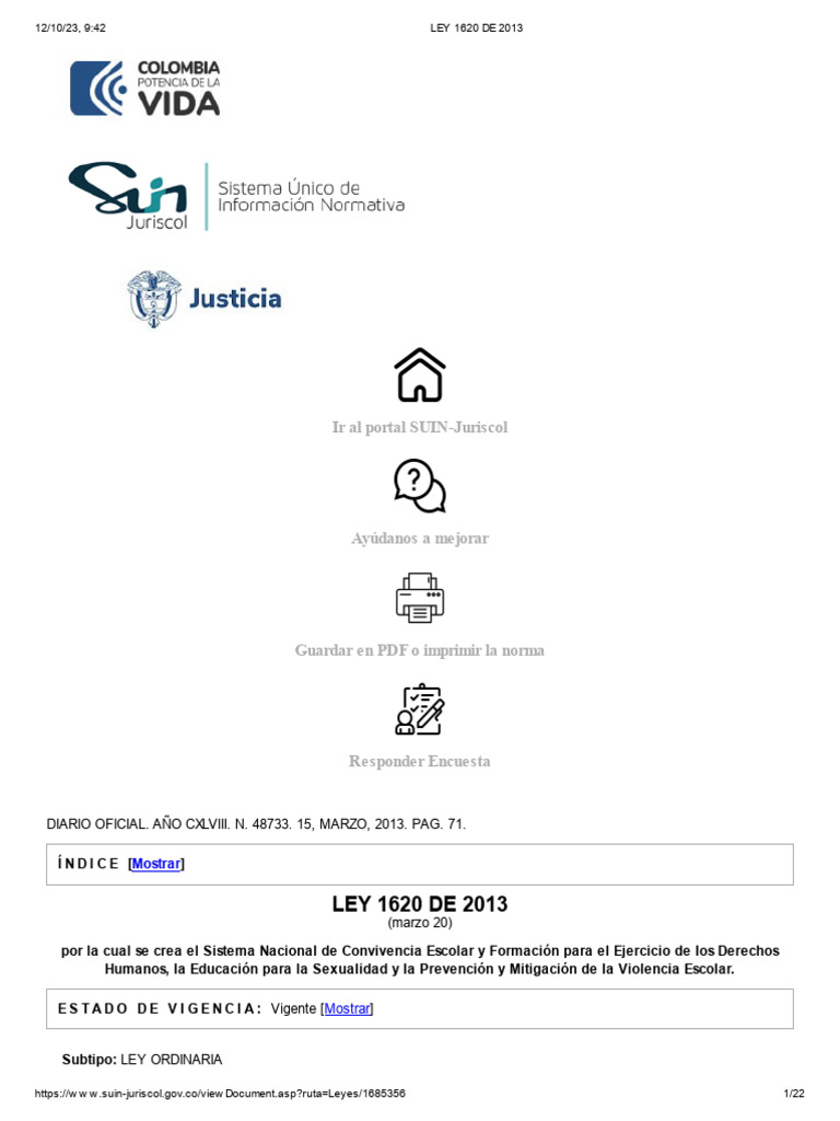 Ley 1620 de 2013 | PDF | Acoso cibernético | Educación de la primera ...