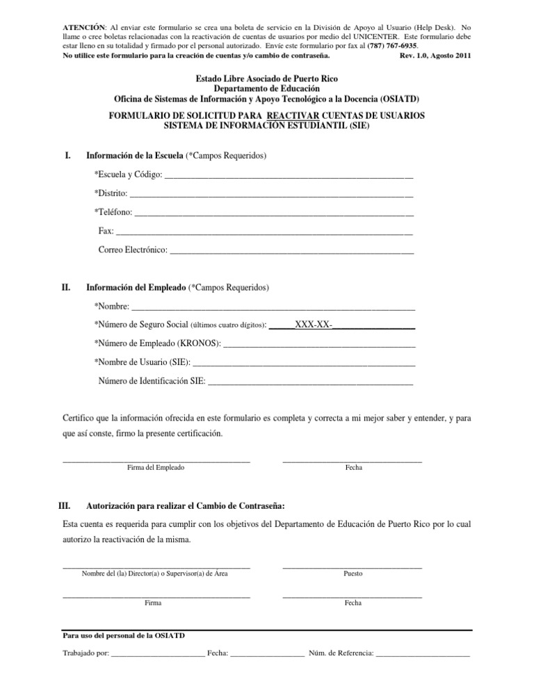 Formulario de Solicitud para Reactivar Cuentas de Usuarios en Sie | PDF