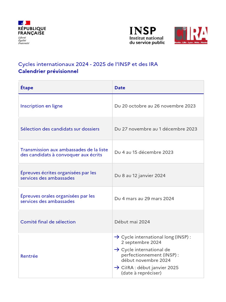Calendrier Concours INSP 2024-2025 | PDF