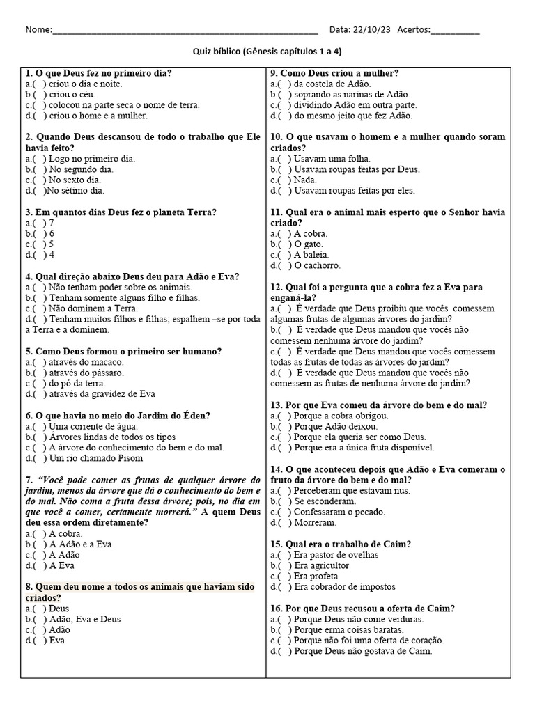 Hashtag Bíblia Sagrada - QUIZ BÍBLICO Qual o nome do primeiro casal criado  por Deus aqui na terra? (A) Abraão e Sarah (B) Adão e Eva (C) Isaque e  Rebeca Resposta: Gênesis