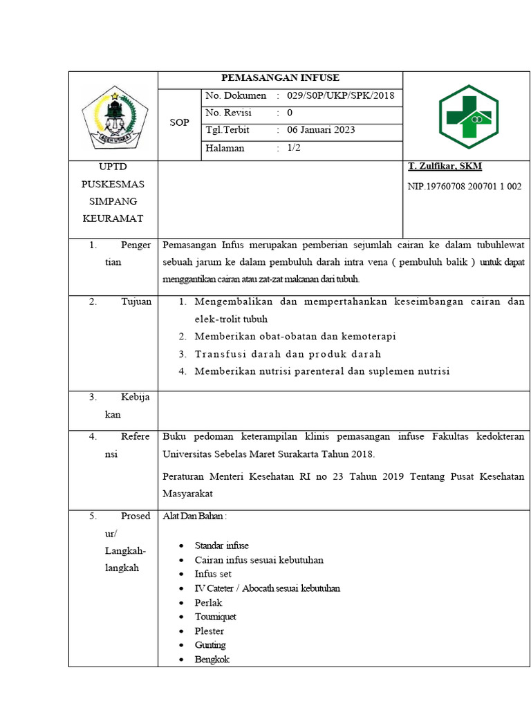 Sop Pemasangan Infus | PDF
