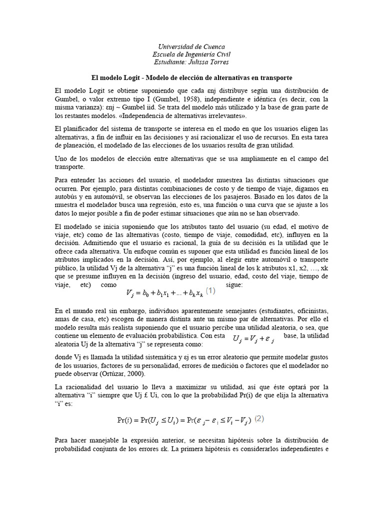 Modelo Logit en Elección de Transporte | PDF | Regresión logística ...