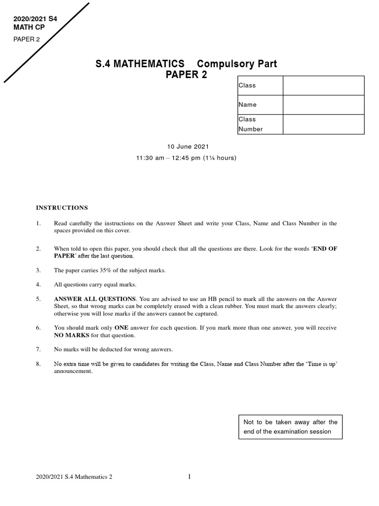S.4 Mathematics Paper 2 Exam 2021 | PDF | Circle | Trigonometric Functions