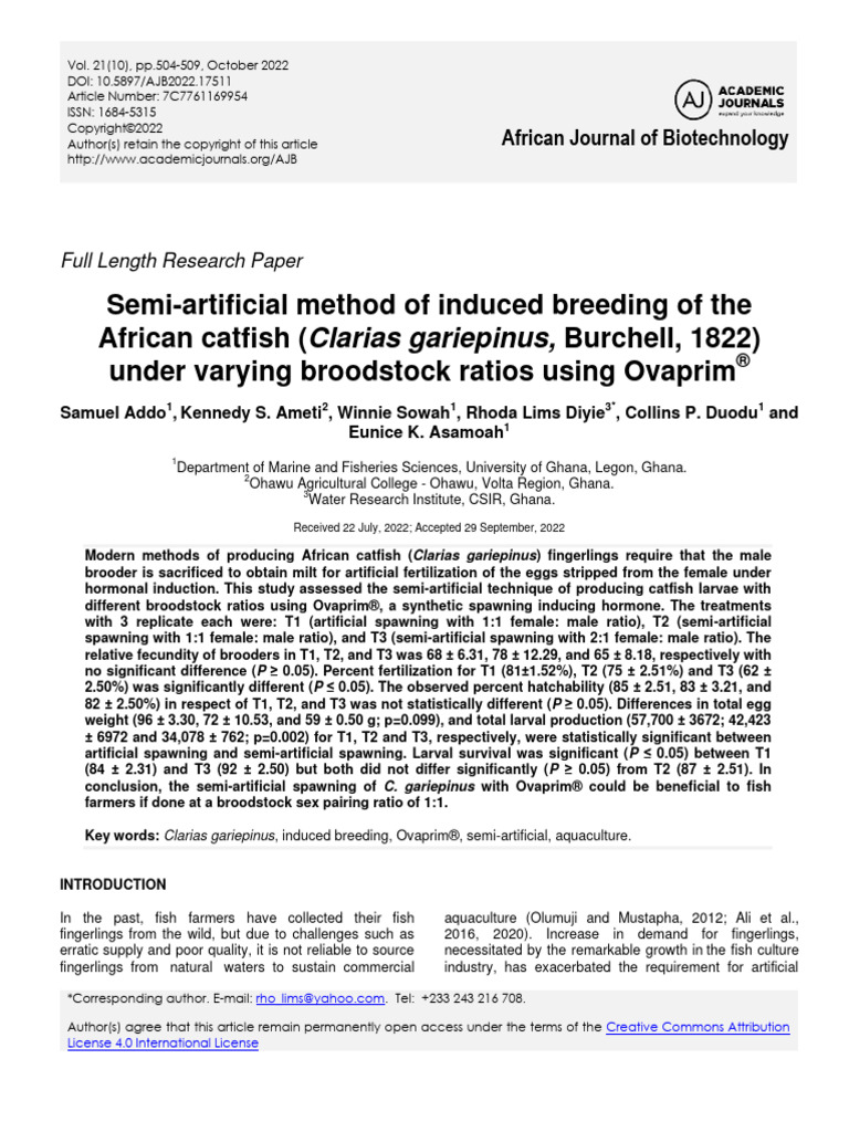 Semi-Artificial Method of Induced Breeding of The African Catfish | PDF