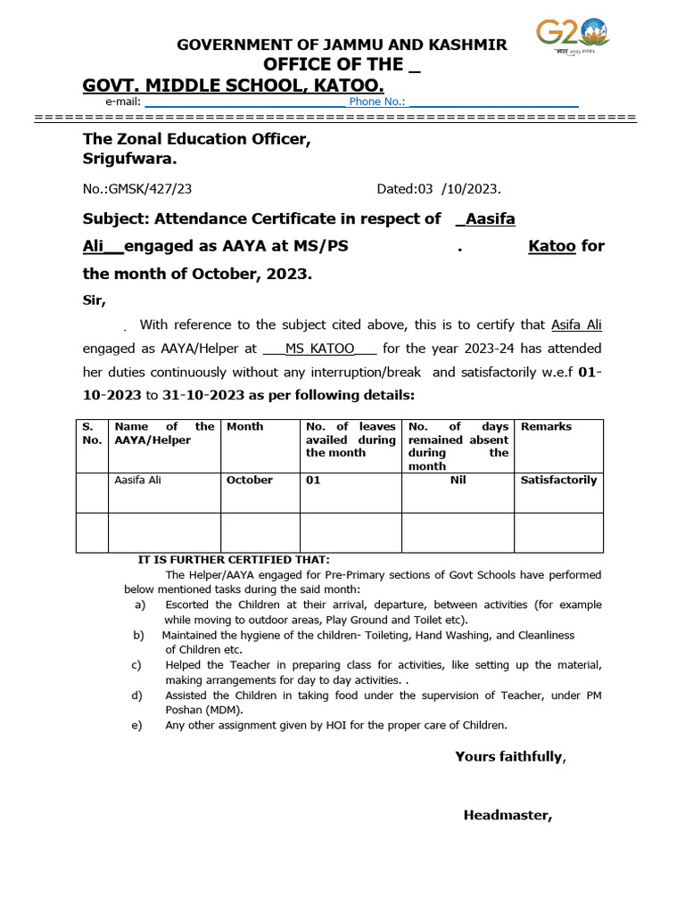 Aaya Attendance Format | PDF