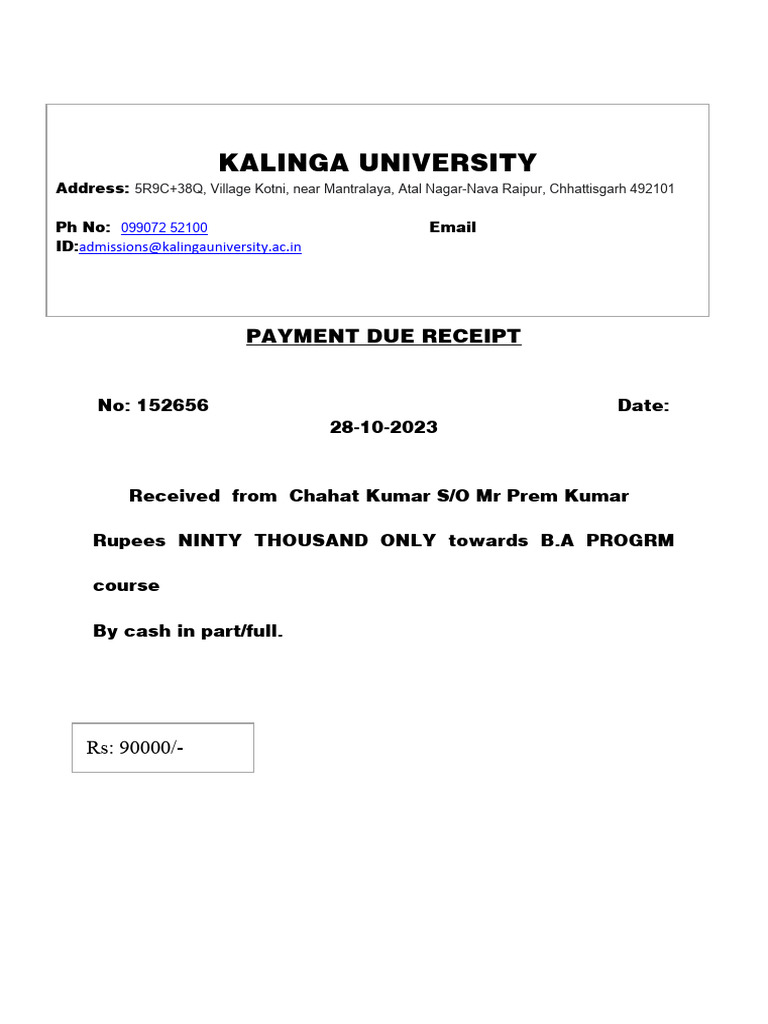 Fee Receipt Format For Coaching Classes PDF