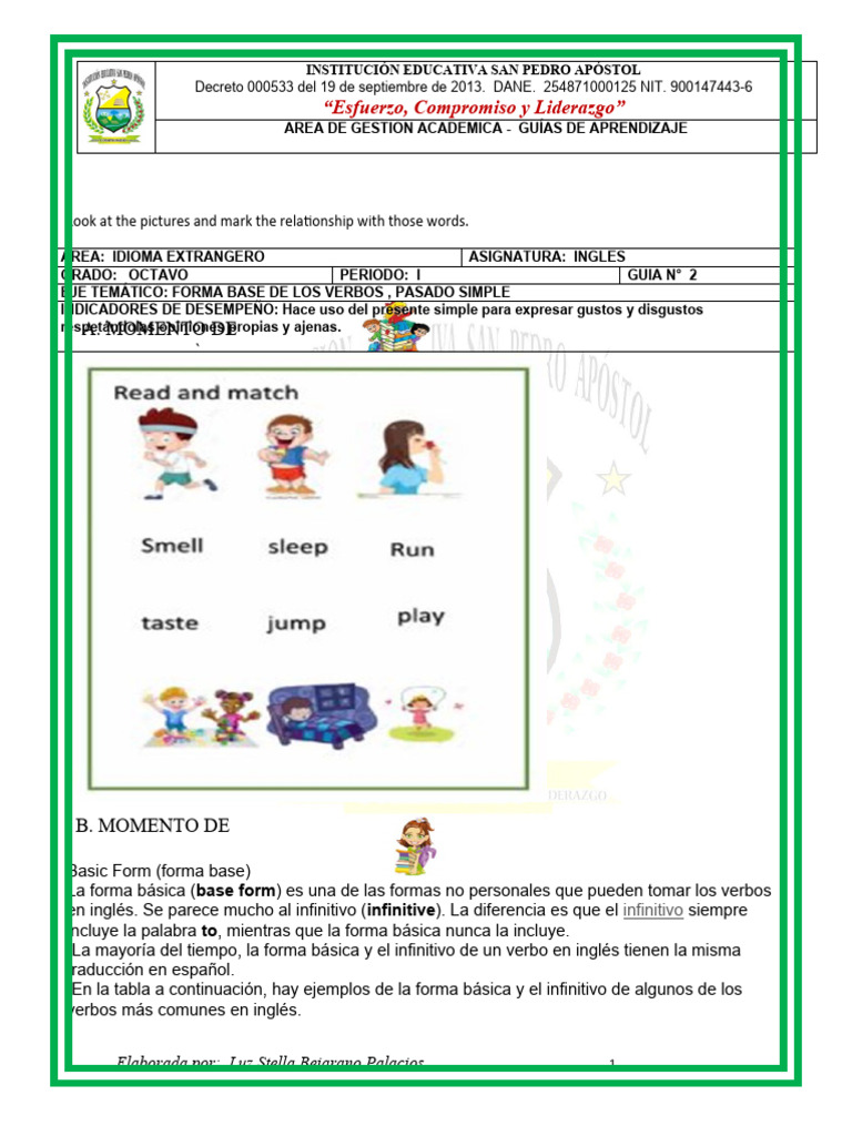 GUIAS APRENDIZAJE INGLES 8° FORMA BASE DE LOS VERBOS 2023 (2) PDF