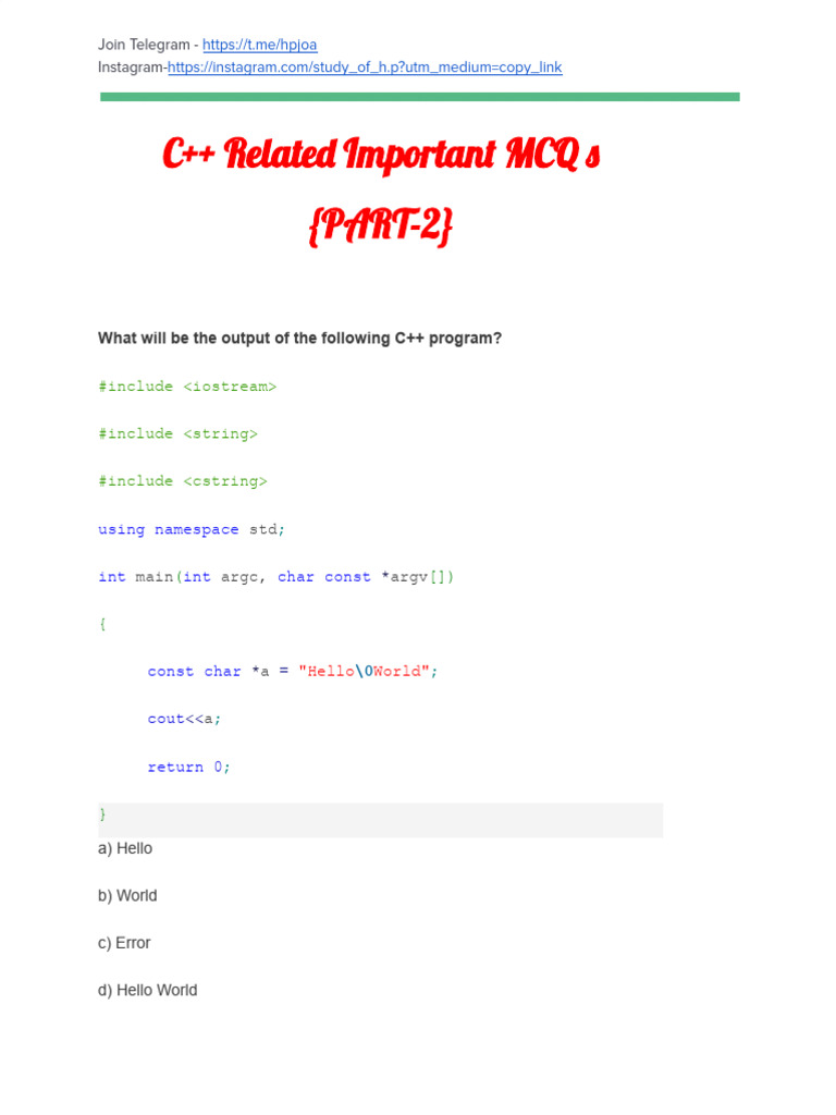 C++ Related Important MCQ S (PART-2) | PDF