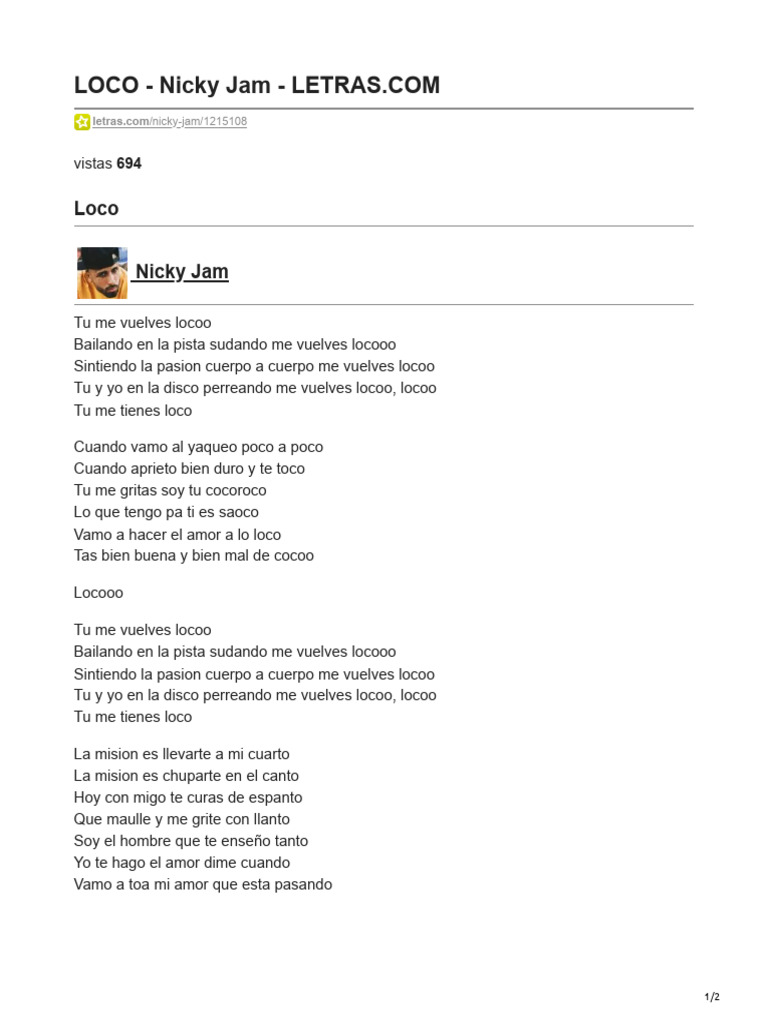 Loco - Nicky Jam: Letra y Pasión | PDF