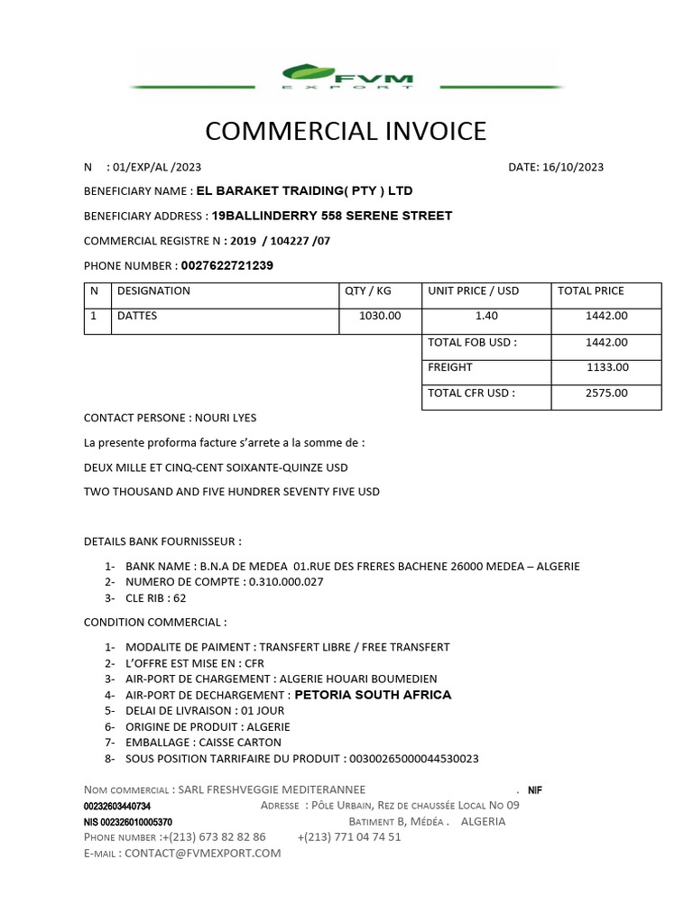 Madrizqui Corp Invoice for Dattes | PDF