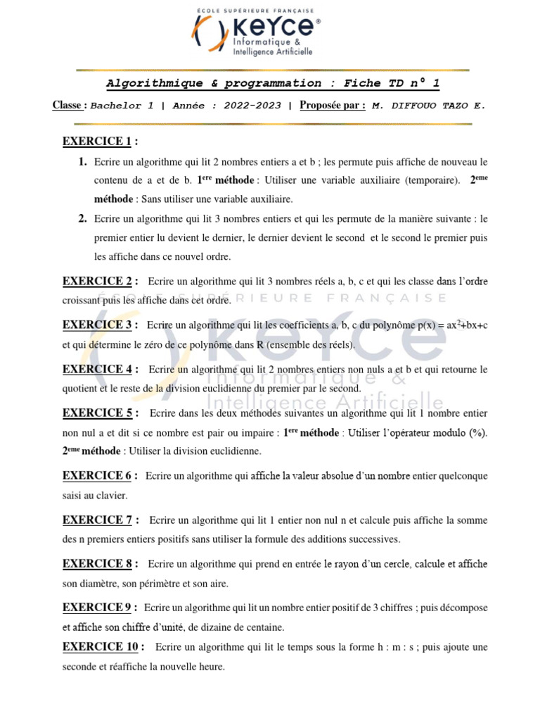TD Algorithme Débutant - Fiche 1 | PDF