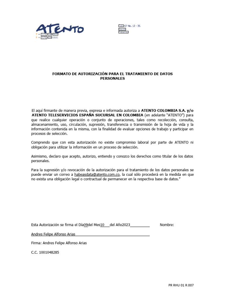 Formato de autorizacion habeas data pdf