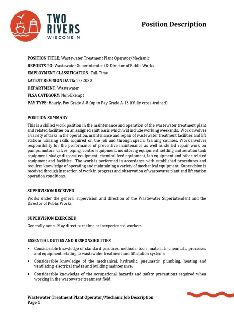 Wastewater Treatment Plant MechanicOperatorTwo Rivers PDF Pumping