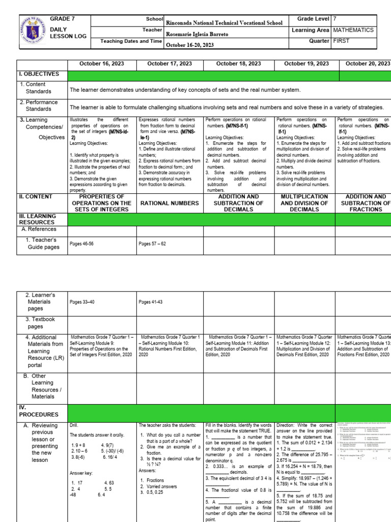 Grade 7 Math Lesson Plan: Operations | PDF | Numbers | Decimal