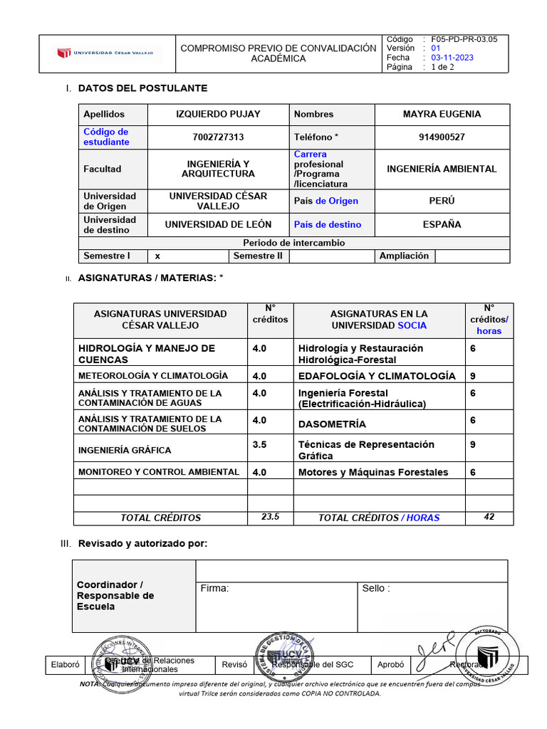F05-PD-PR-03.05 Compromiso de Convalidación Académica V01 | PDF