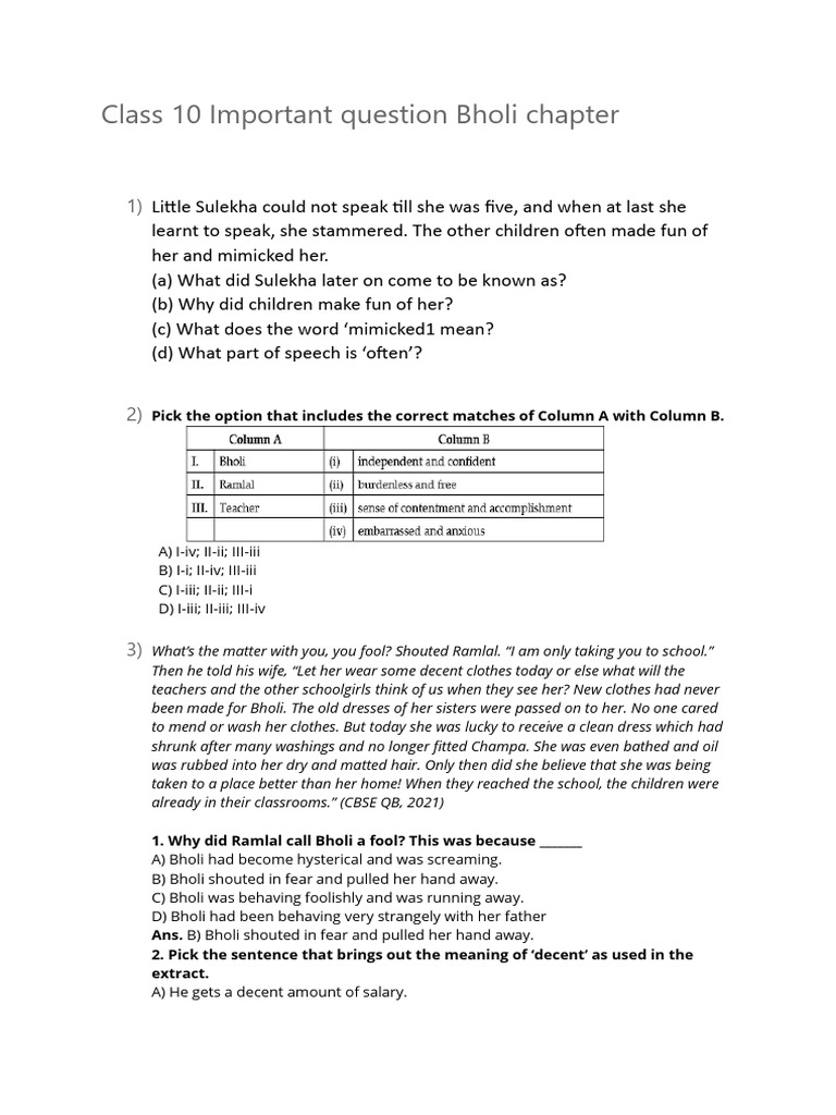 Class 10 important question bholi chapter pdf