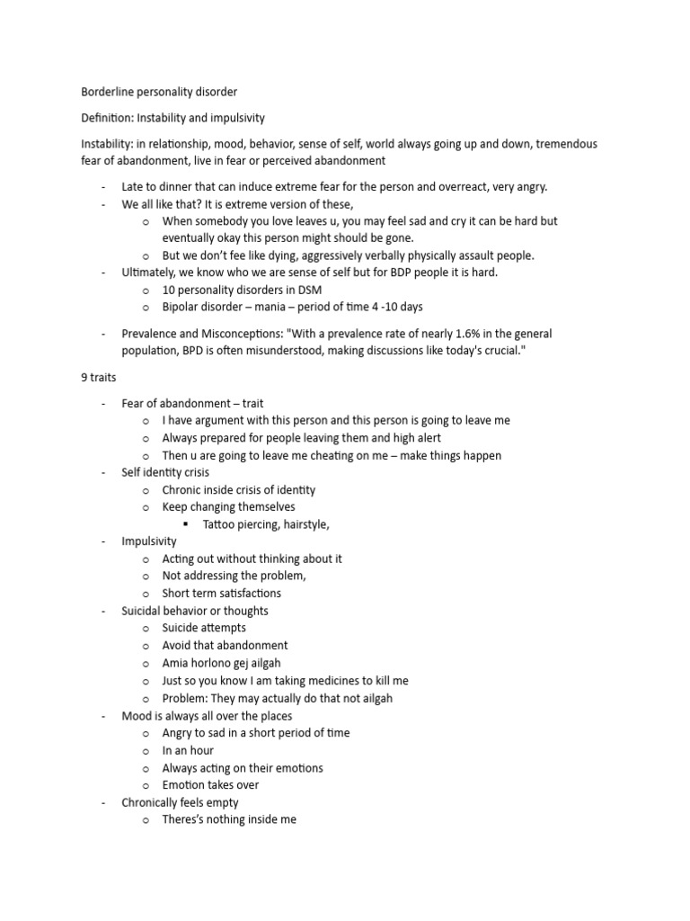 BORDERLINE PERSONALITY DISORDER GUIDELINES intelligence overview