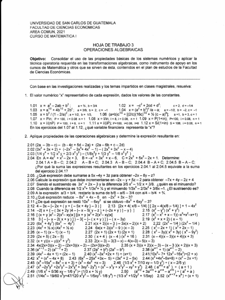 Hoja De Trabajo Para Evaluar Expresiones Algebraicas En Formato Pdf