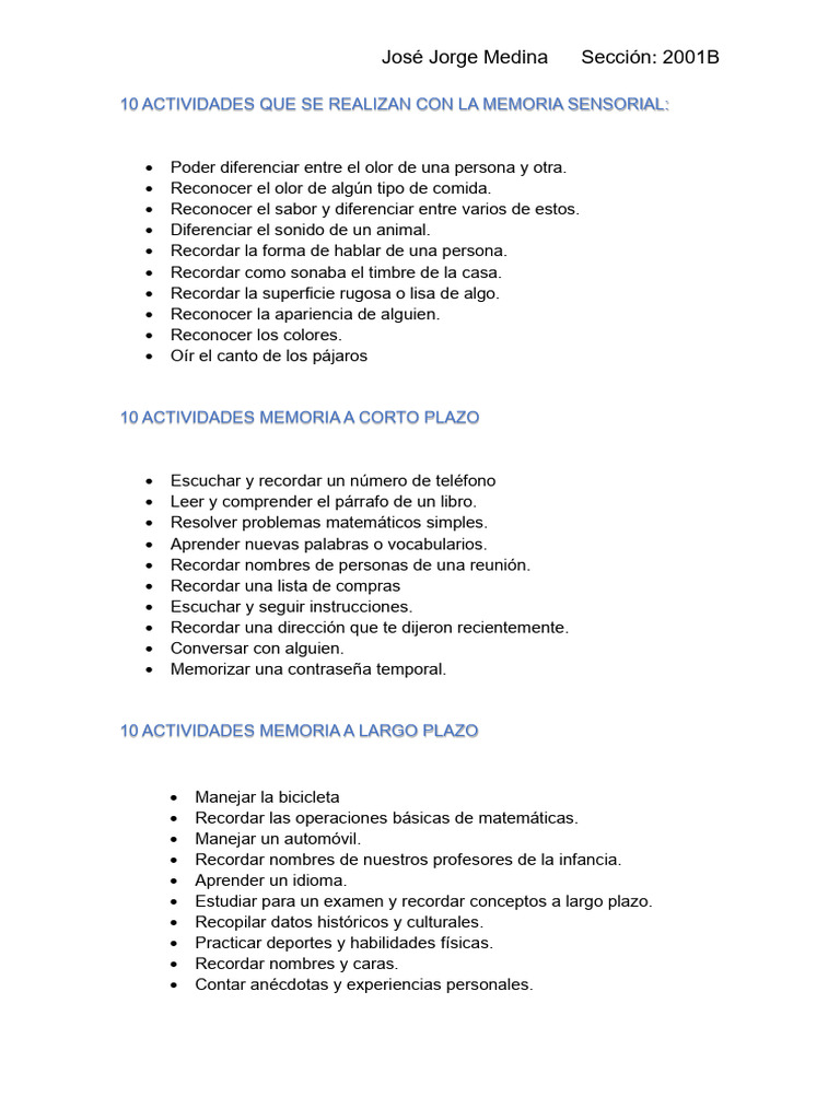 Actividades para Estimular la Memoria Sensorial | PDF