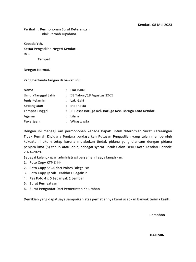 Permohonan Surat Keterangan Halimin | PDF | Hukum