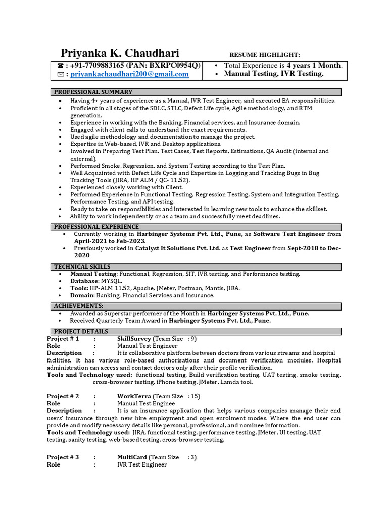 IVR Test Engineer Resume Summary | PDF | Software Development Process ...