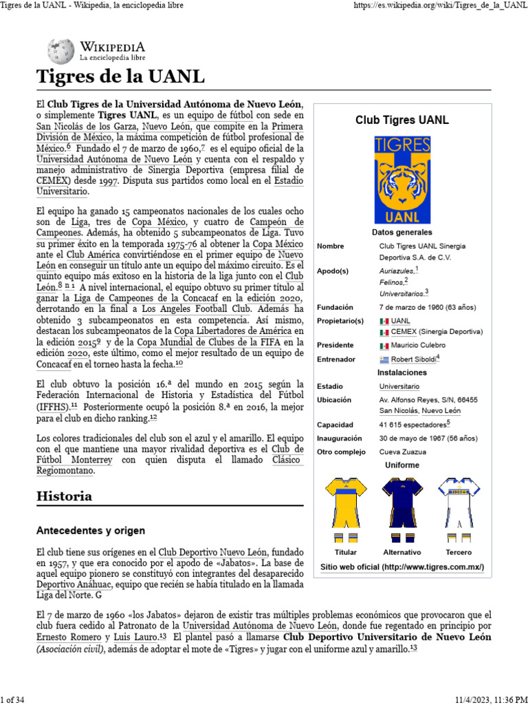 Tigres de La UANL - Wikipedia, La Enciclopedia Libre | PDF | Equipos