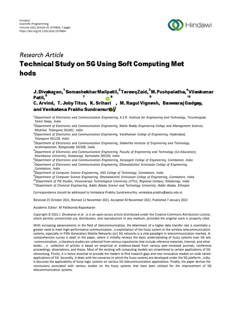 Research article technical study on 5g using soft computing met hods