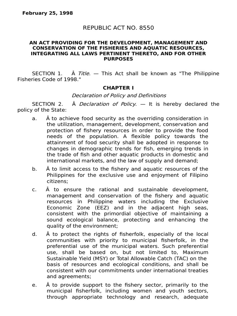 The Philippine Fisheries Code of 1998 PDF Environmental Impact Assessment Coast
