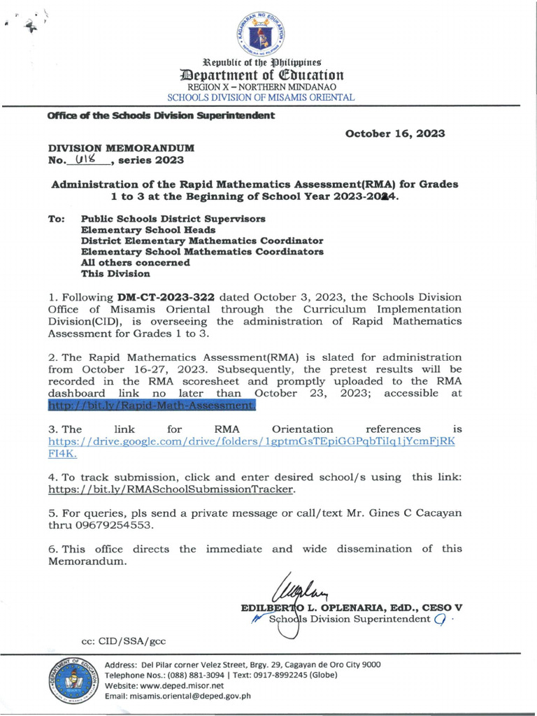 DM 618 S 2023 Administration of The Rapid Mathematics Assessment Rma ...