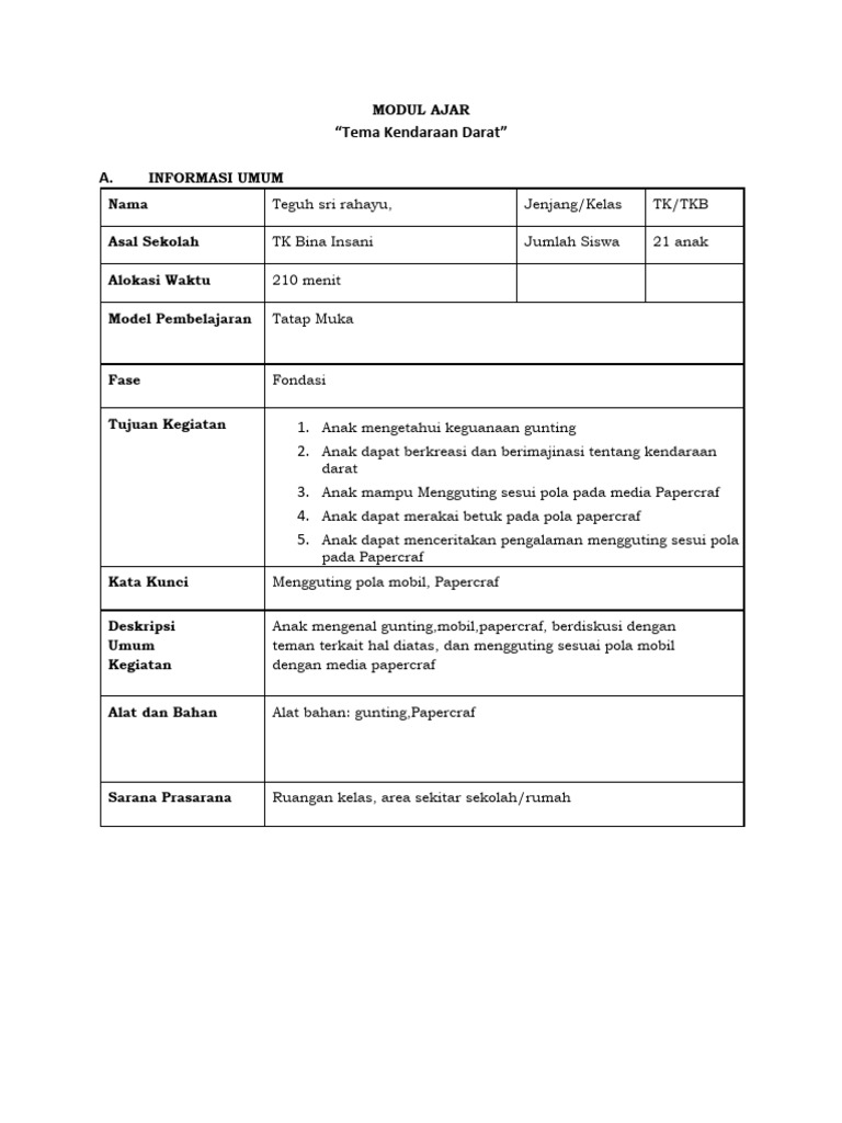 Modul Ajar Tema Kendaraan | PDF