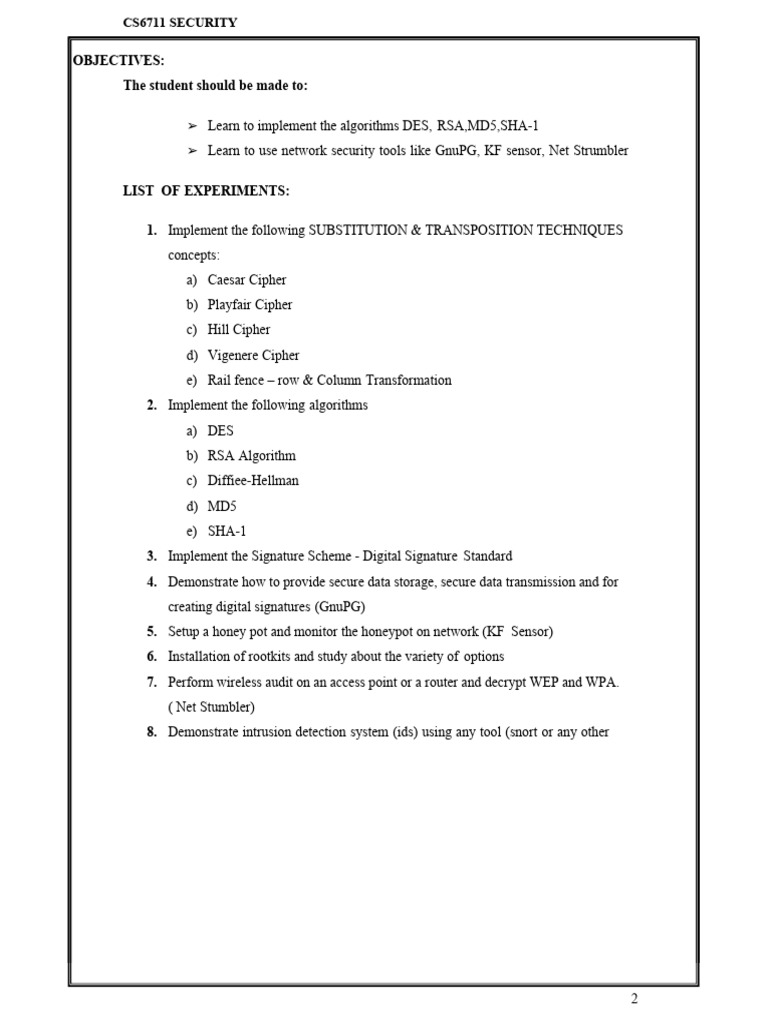 CS6711 Security Laboratory Experiments | PDF | Encryption | Cipher