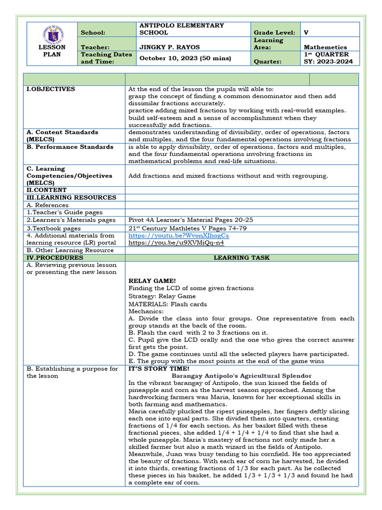 Math-5-Learning-Plan 2023-2024 | PDF | Learning | Teachers